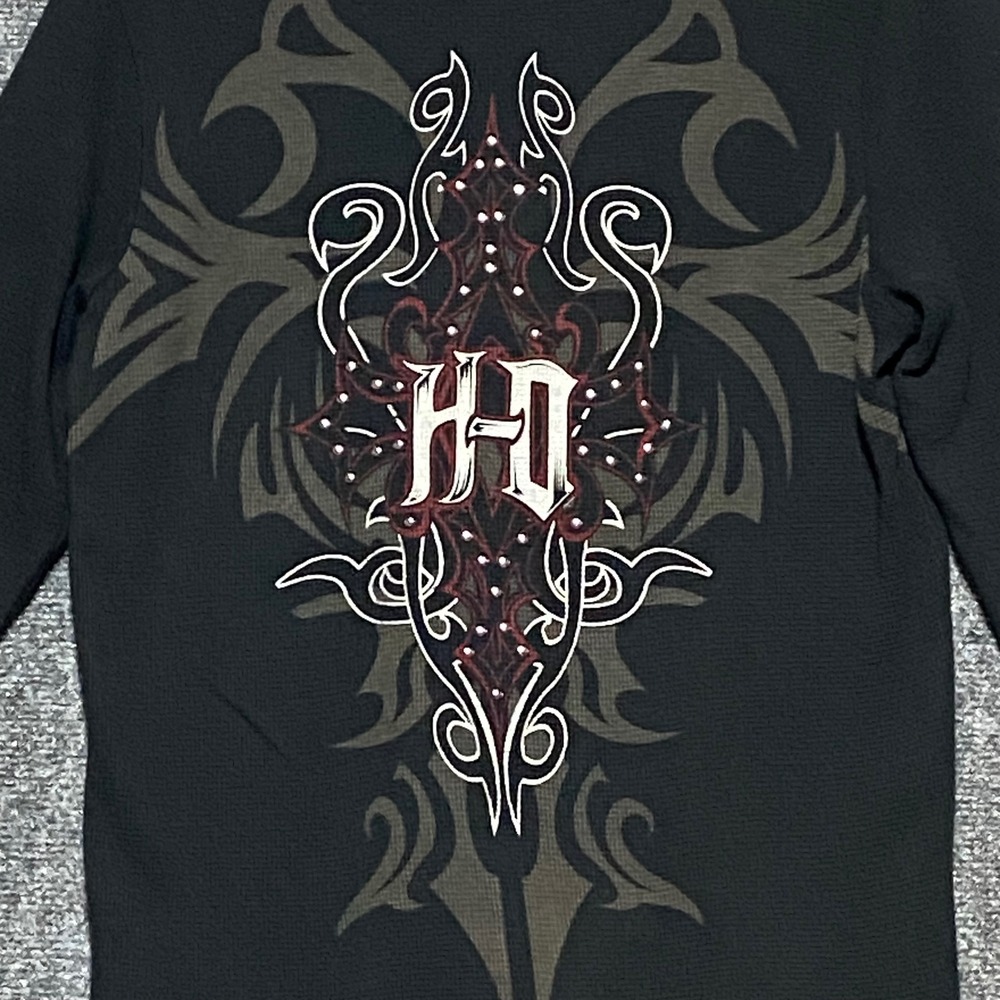 2009 Harley Davidson Women's L Black Graphic Hoodie Rivets Thermal LS Henley - Picture 3 of 13